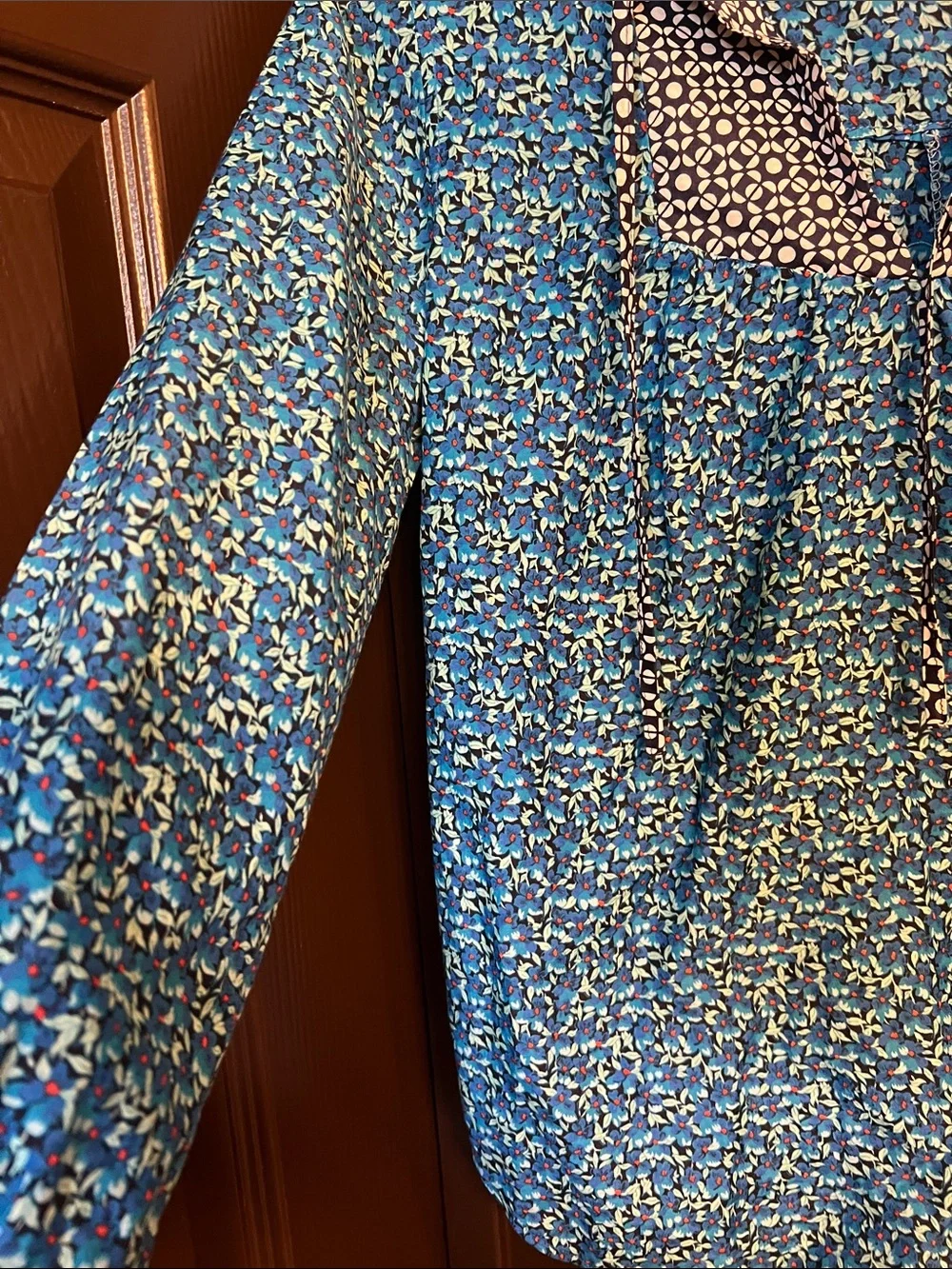 J. Crew Blue Patterned V-Neck Peasant Blouse